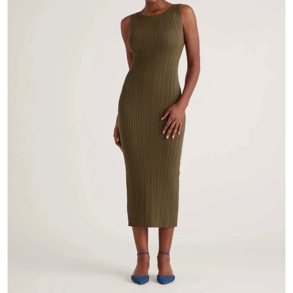 NWT Quince Cotton Cashmere Ribbed Sleeveless Midi Dress Olive Green Sz Small
